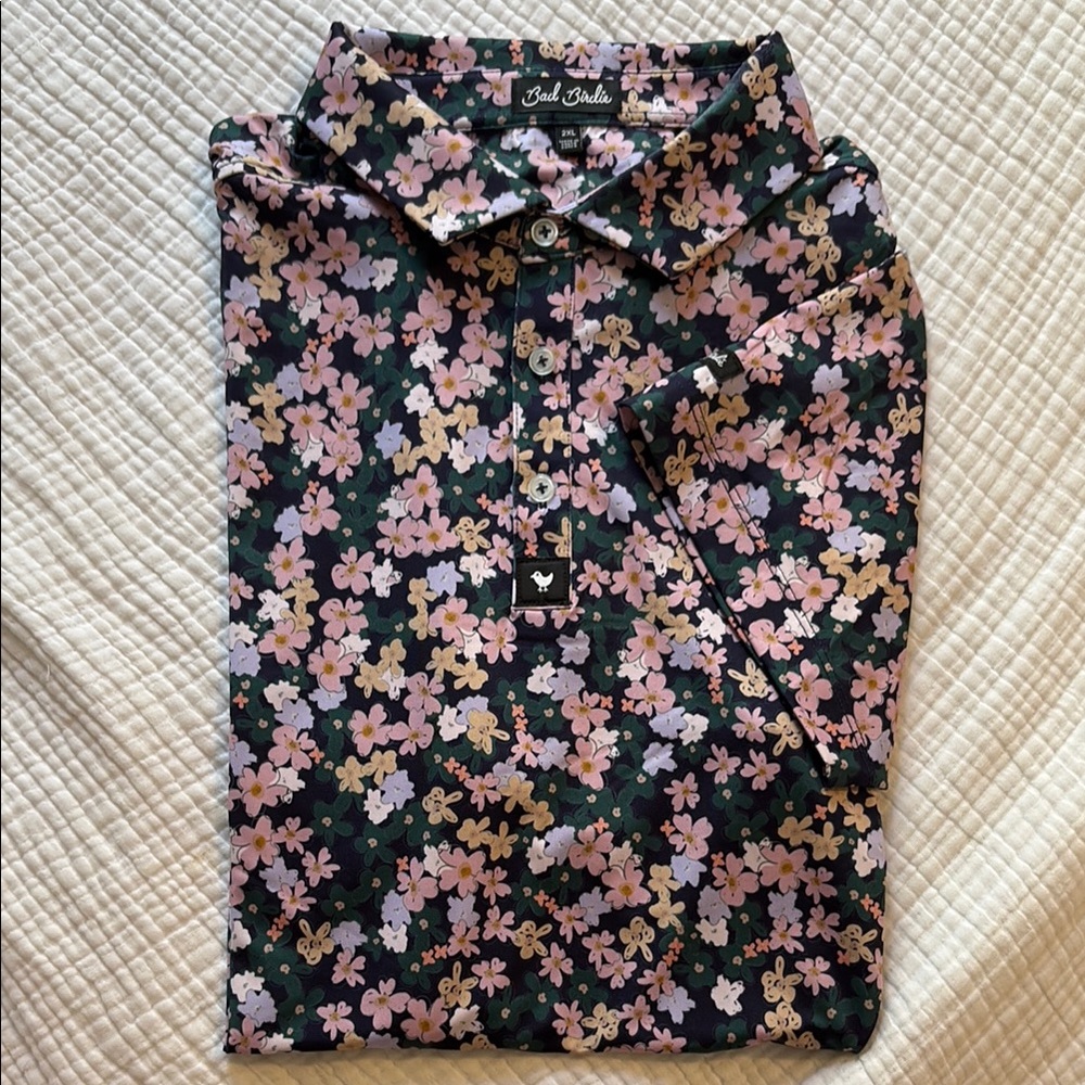 Bad Birdie Black and Pink Floral Polo